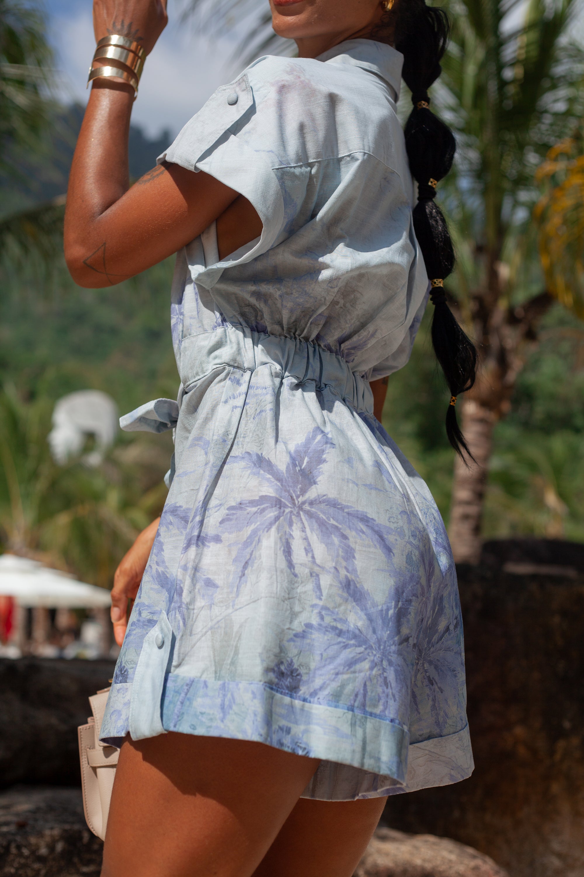 Linen jumpsuit movement relaxed shorts silhouette