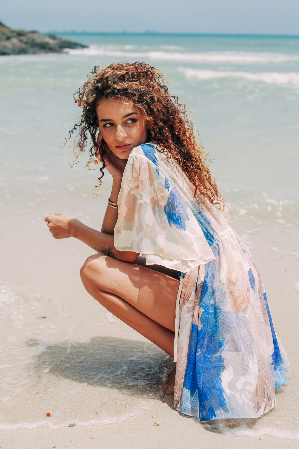 Aveline Mini Tunic in blue, beige and white print, relaxed beach lifestyle view